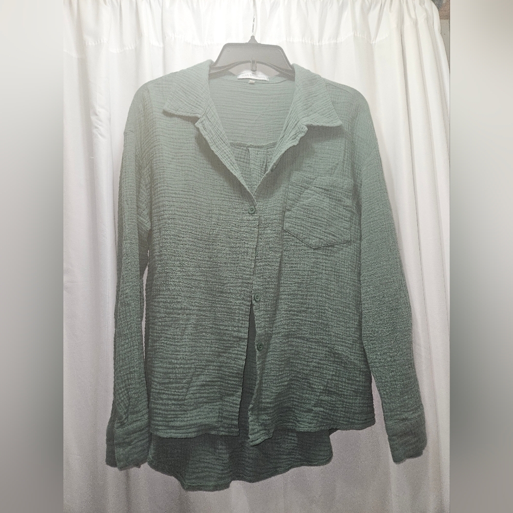 Miss Sparkling Hunter Green Gauzey Button Down Shirt Long Sleeve!